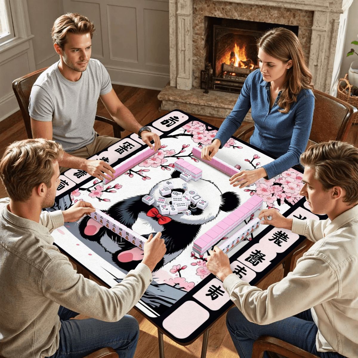 Asian Panda Bear Black Pink Cherry Blossom Mahjong Mat - 31.5’’x31.5’’ - Daily Accessories