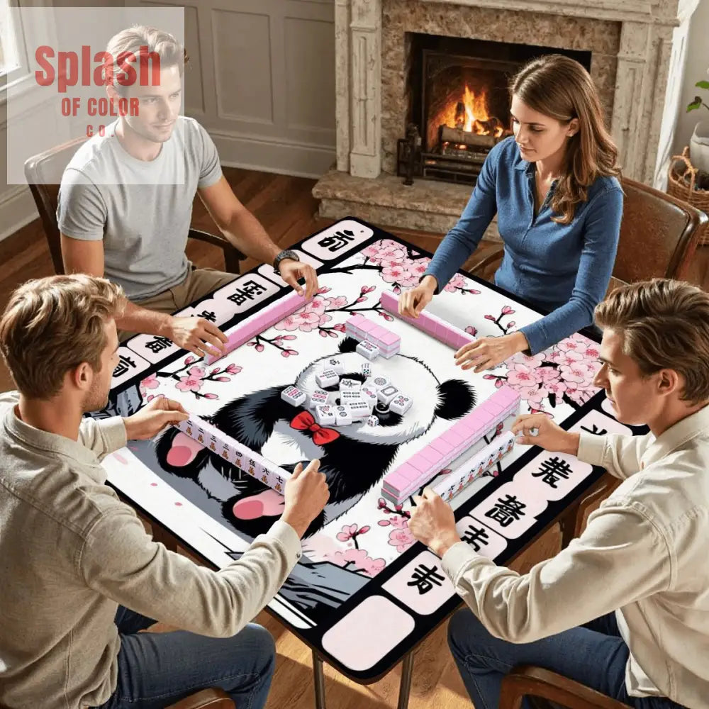 Asian Panda Bear Black Pink Cherry Blossom Mahjong Mat - 31.5’’x31.5’’ - Daily Accessories