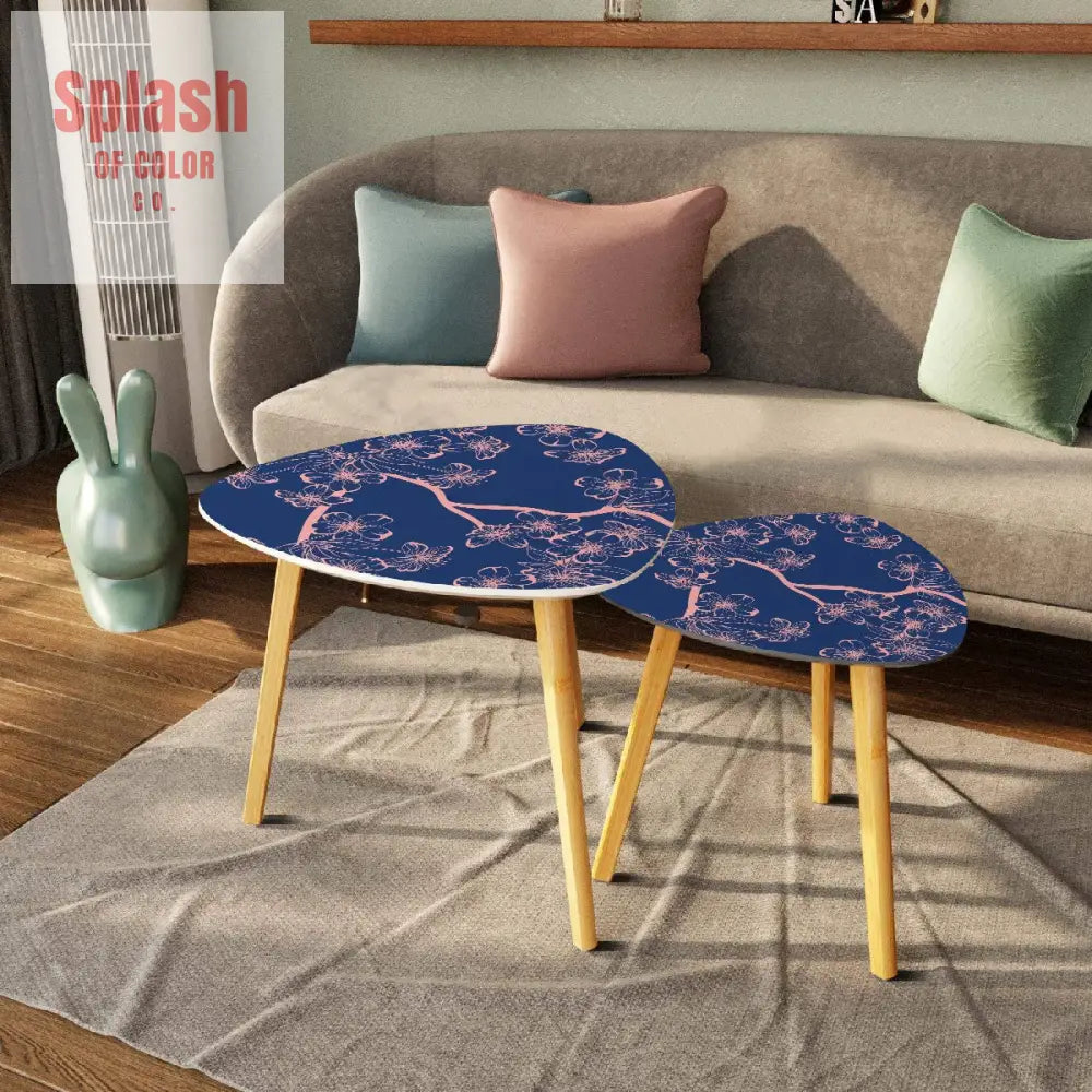 Asian Royal Blue Pink Floral Zen Nesting Triangle Coffee Tables One Size Home Accessories