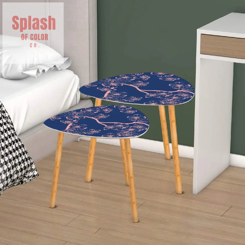 Asian Royal Blue Pink Floral Zen Nesting Triangle Coffee Tables One Size Home Accessories