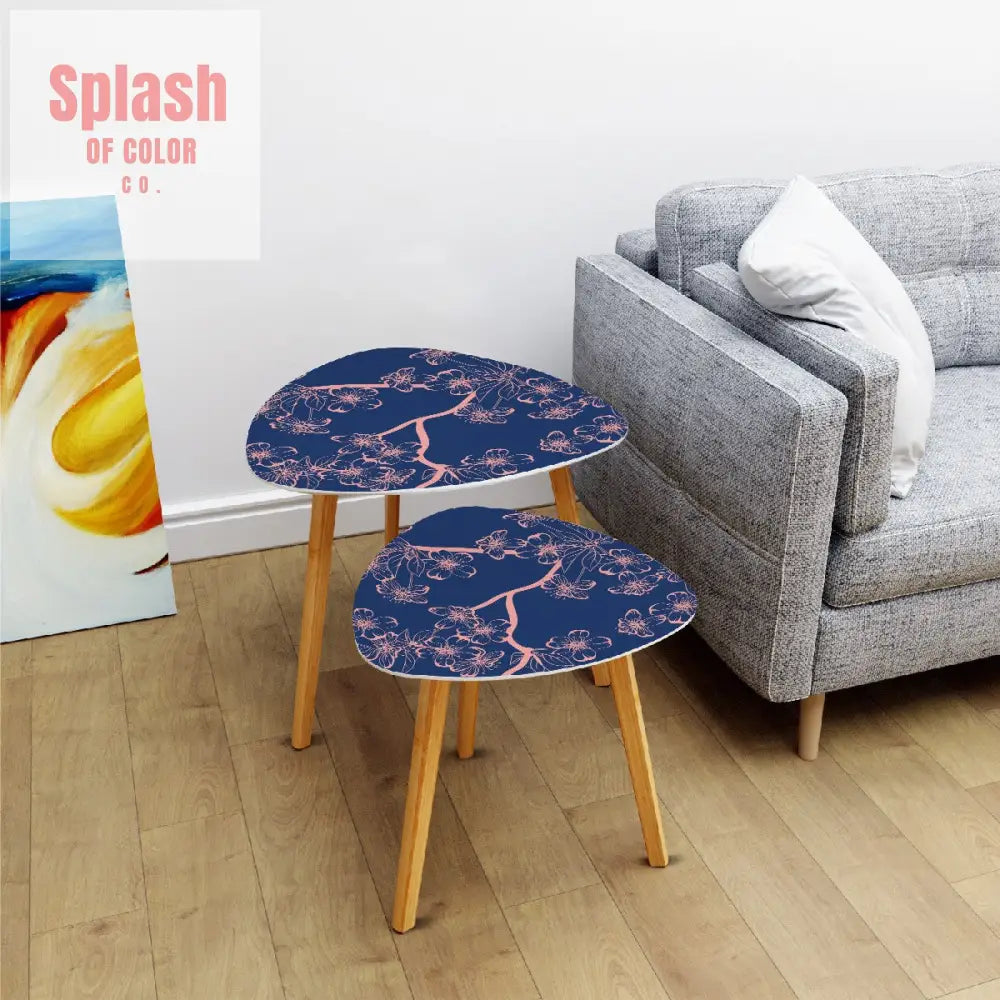 Asian Royal Blue Pink Floral Zen Nesting Triangle Coffee Tables One Size Home Accessories