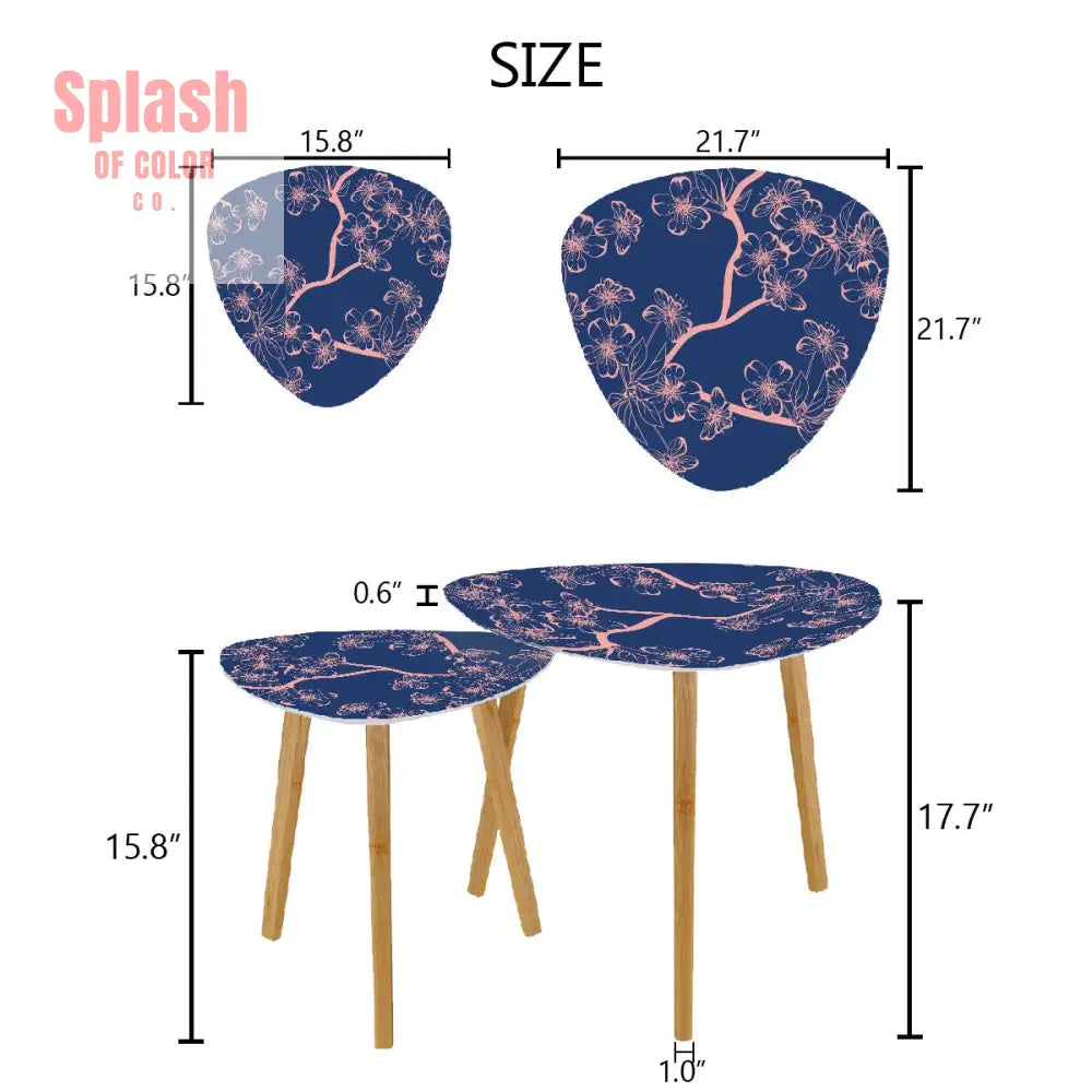 Asian Royal Blue Pink Floral Zen Nesting Triangle Coffee Tables One Size Home Accessories