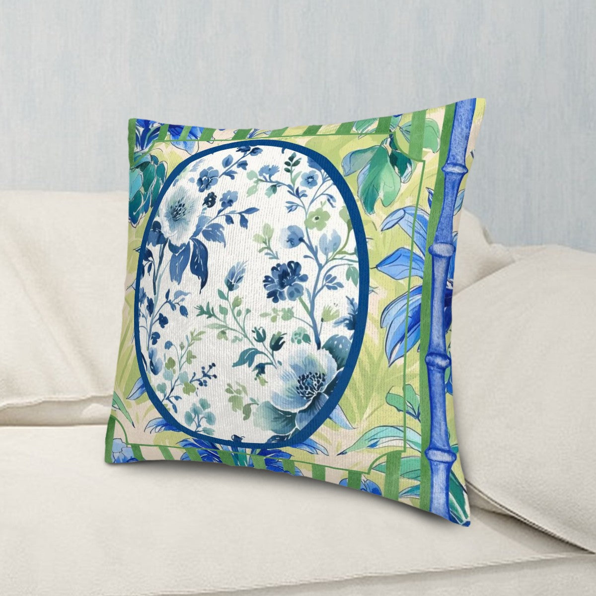 Asian Zen Blue Green Floral Chinoiserie Pillow Covers For Garden Livingroom Den Sunroom - Pillow Case