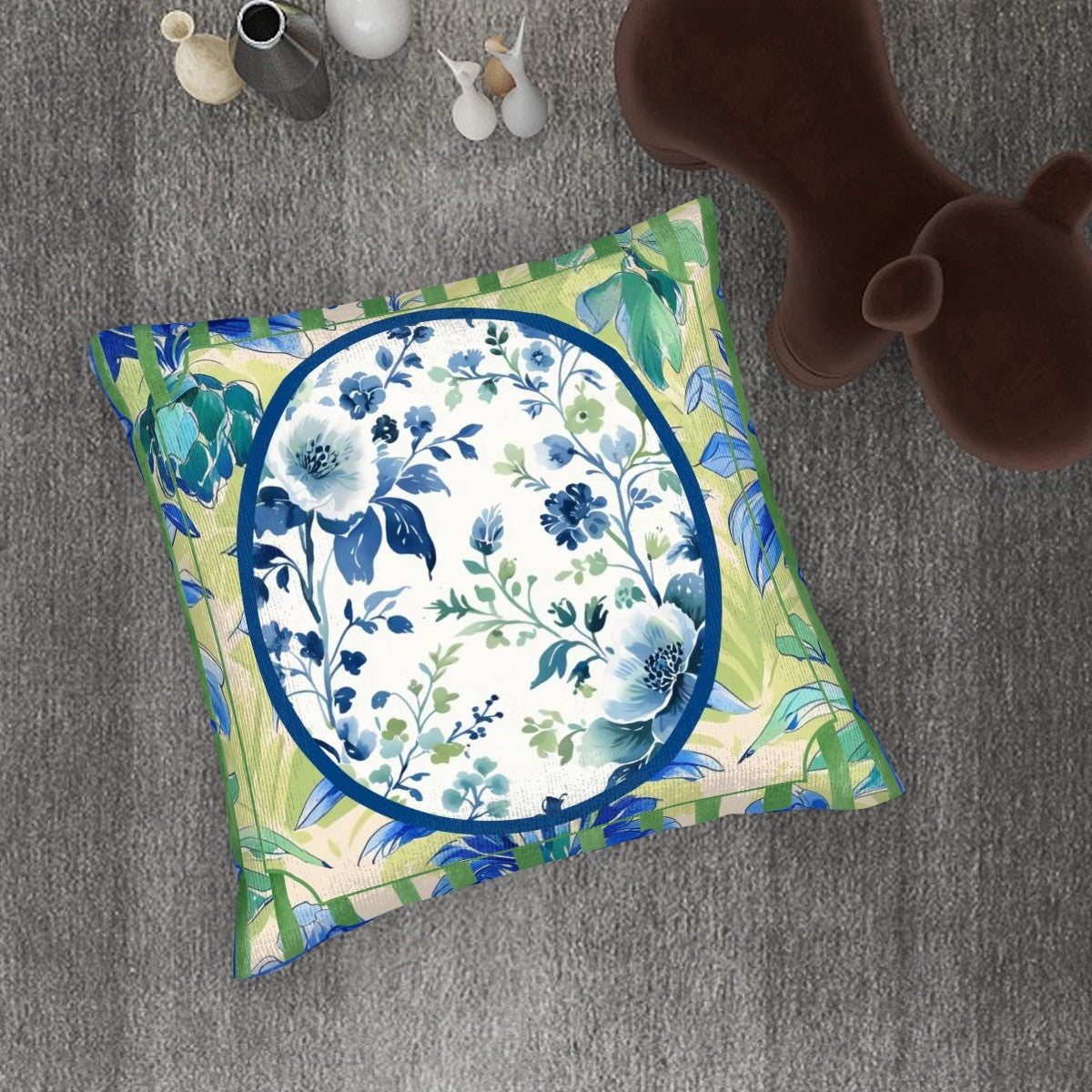 Asian Zen Blue Green Floral Chinoiserie Pillow Covers For Garden Livingroom Den Sunroom - Pillow Case