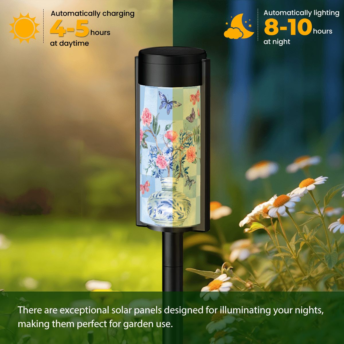 Asian Zen Garden Outdoor Solar Lights Blue Pink Floral Chinoiserie Vase Butterflies Garden Lights - 4pcs - Garden Decor