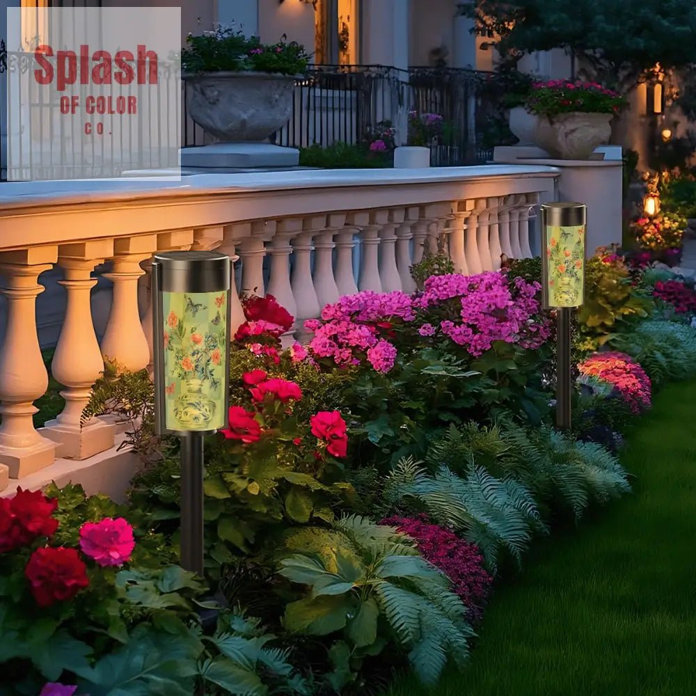 Asian Zen Garden Outdoor Solar Lights Blue Pink Floral Chinoiserie Vase Butterflies Garden Lights - 4pcs - Garden Decor