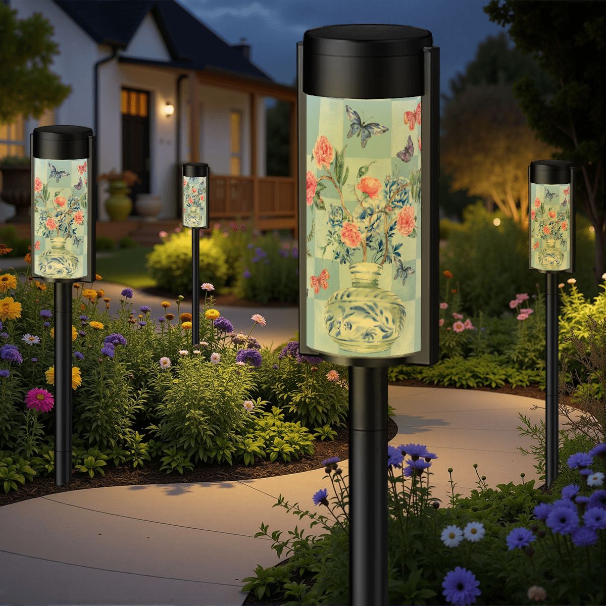 Asian Zen Garden Outdoor Solar Lights Blue Pink Floral Chinoiserie Vase Butterflies Garden Lights - 4pcs - Garden Decor