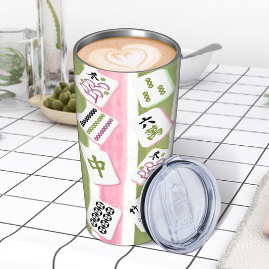 Mahjong Green And Pink Striped Stainless Steel Insulated Tumblers with Lid & Straw (20oz) - Splash Of Mahj And Color Co.