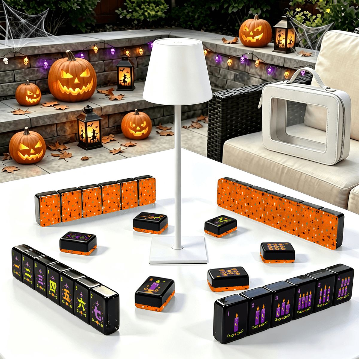 The Mod Mash Pumpkin Hex Halloween Mahjong Tiles And Carry Case - Splash Of Mahj And Color Co.