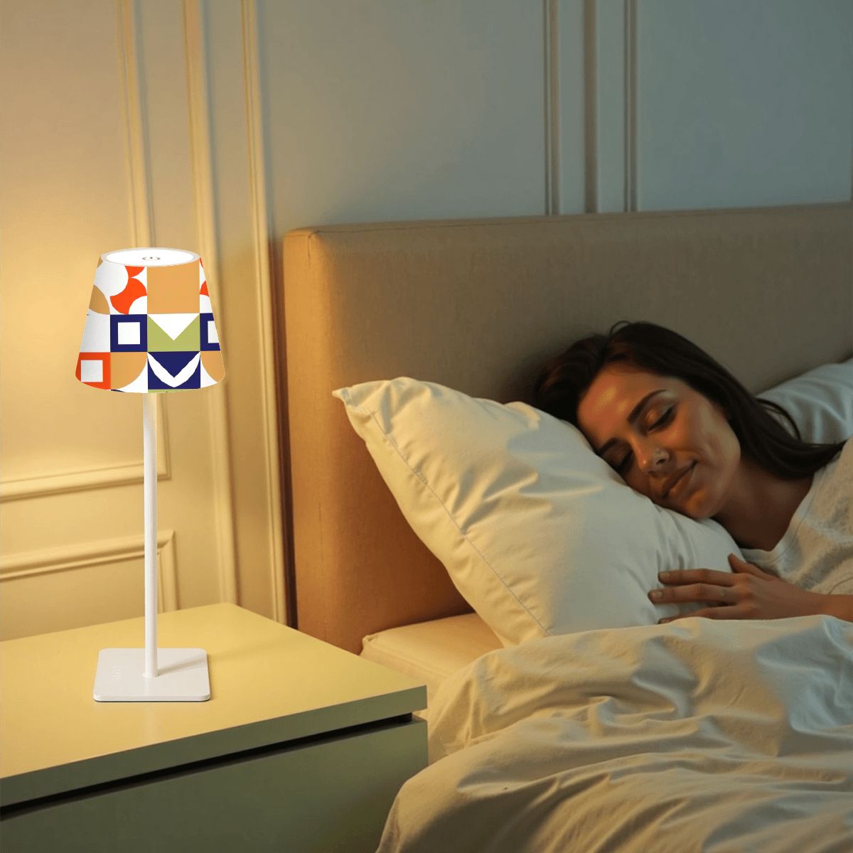 Modern Mahjong Geometric Orange Green Navy Blue LED Cordless Table Lamp - Splash of Color Co.