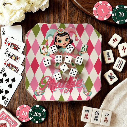 Mahjie The Mascot Harlequin Designed Scalloped Ceramic Mahjong Dice Tray