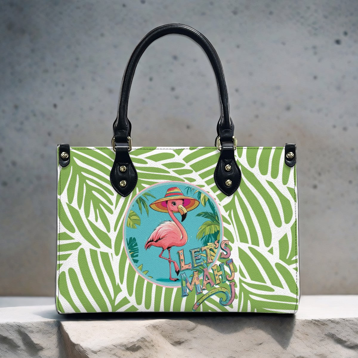 Let's Mahj Whimsical Pink Flamingo Mahjong Lover Green Tropical Shoulder Bag, Handbag, Travel