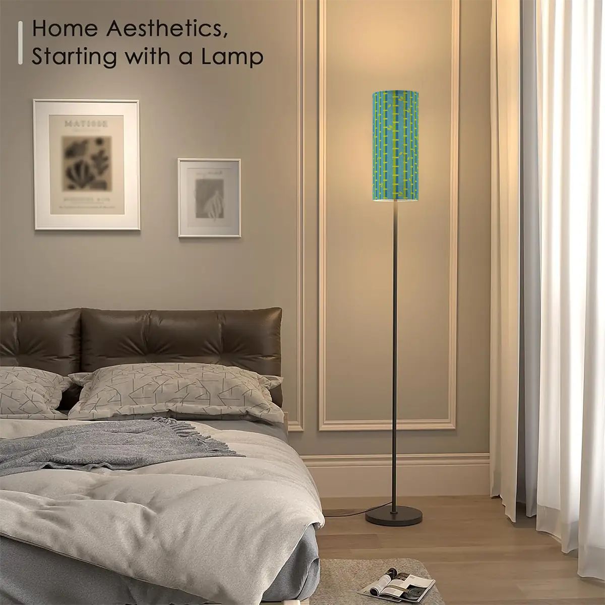 Bamboo Linen Shade In Green Blue Slim Reading Corner Floor Lamp - One Size - Floor Lamps