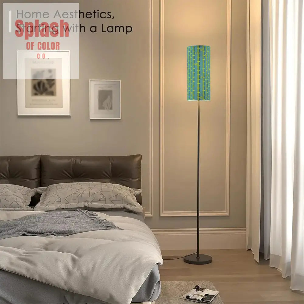 Bamboo Linen Shade In Green Blue Slim Reading Corner Floor Lamp - One Size - Floor Lamps