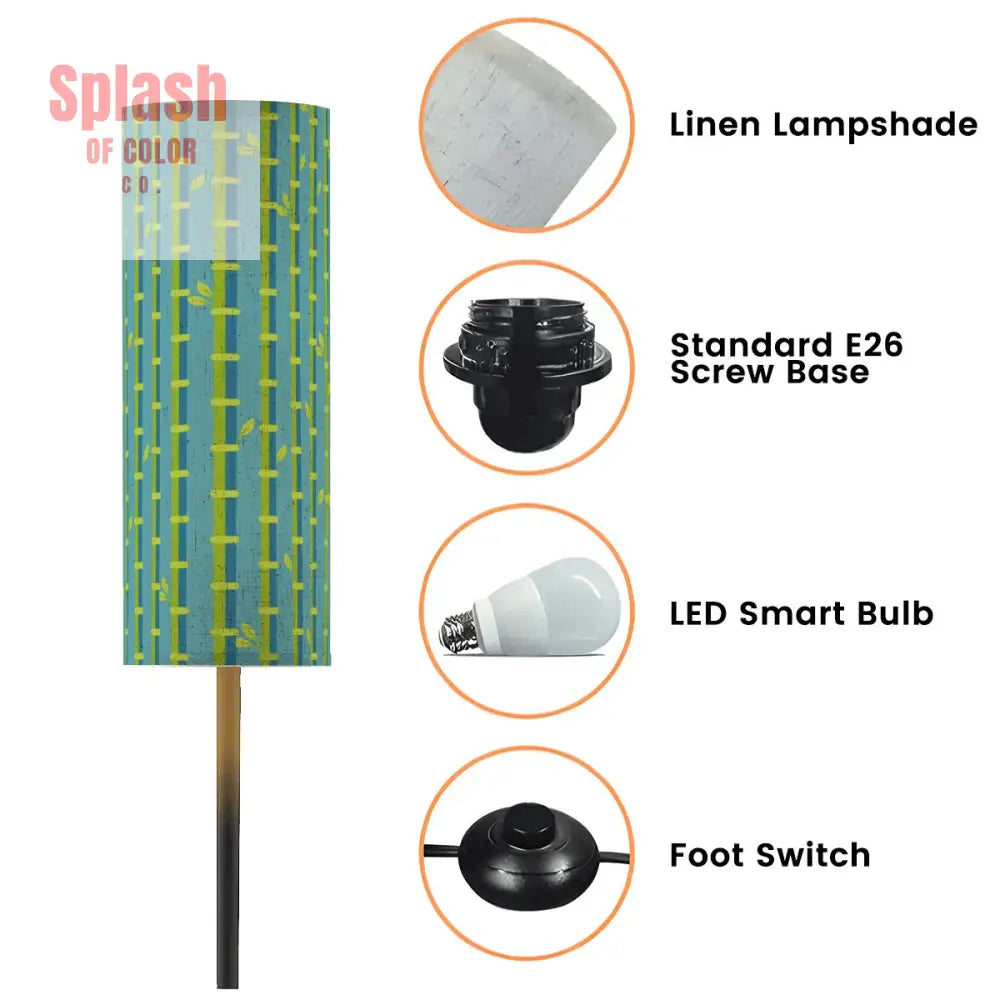 Bamboo Linen Shade In Green Blue Slim Reading Corner Floor Lamp - One Size - Floor Lamps
