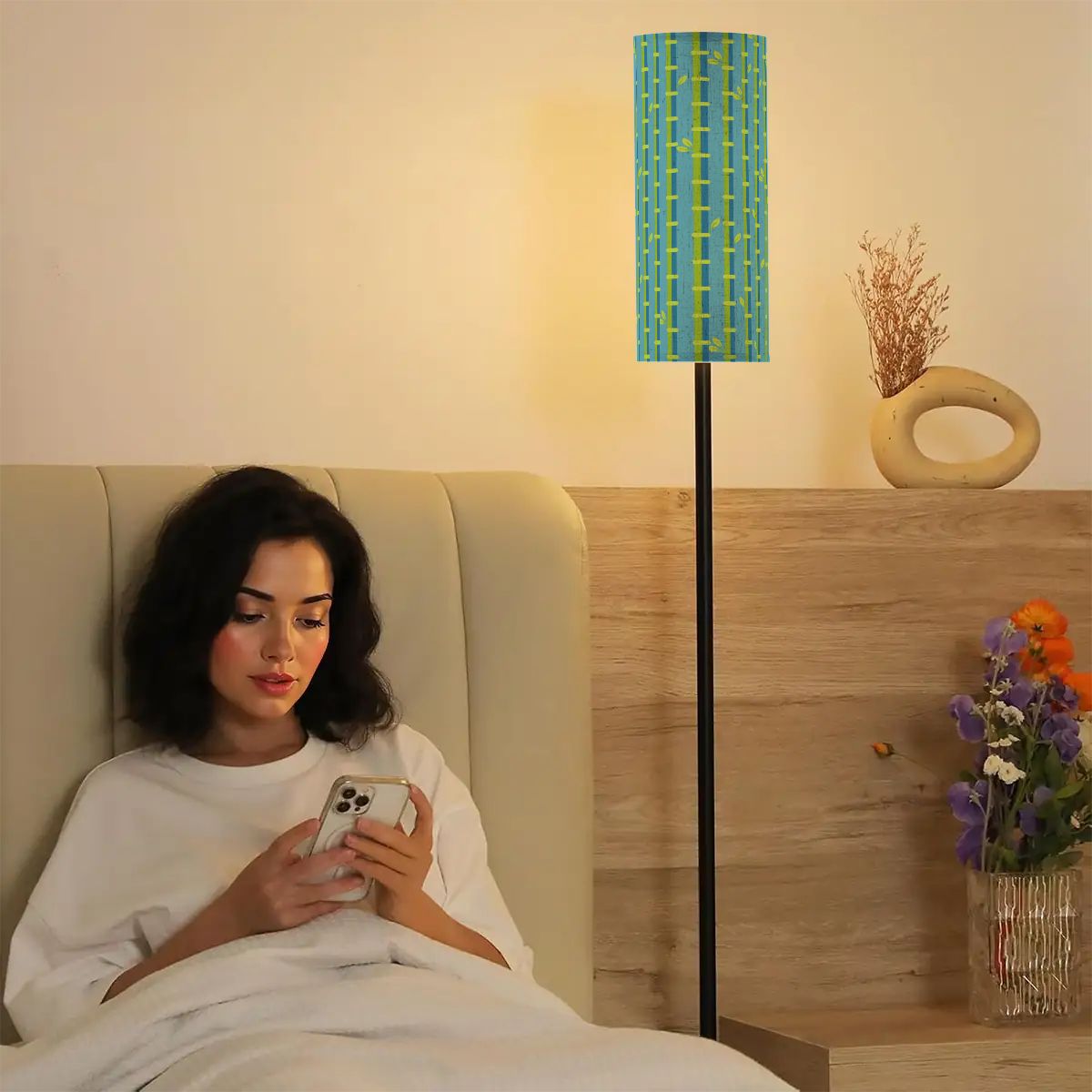 Bamboo Linen Shade In Green Blue Slim Reading Corner Floor Lamp - One Size - Floor Lamps