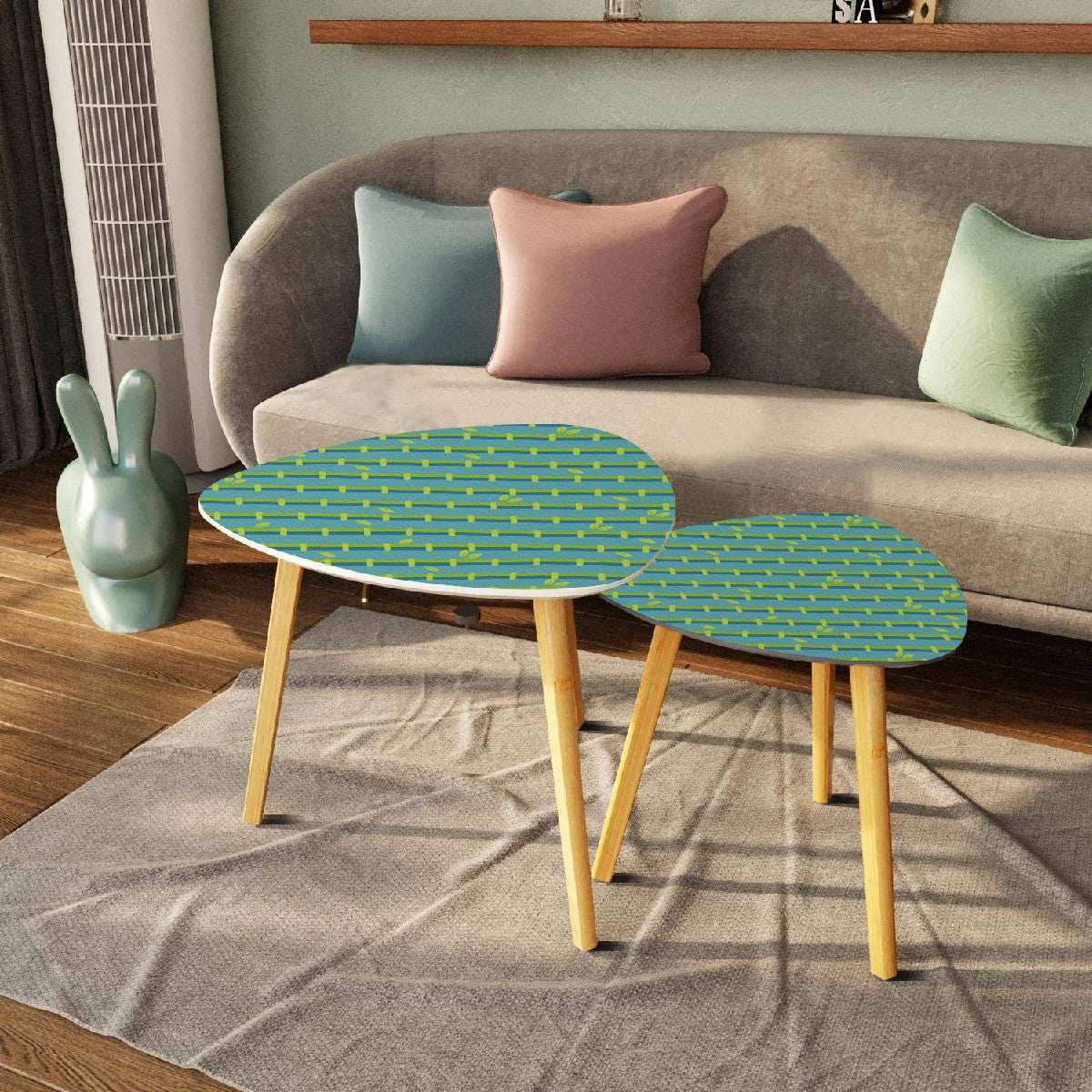 Bamboo Tree Designed Green Blue Zen Garden Nesting Triangle Coffee Table Set of 2 - One Size - Home Accessories