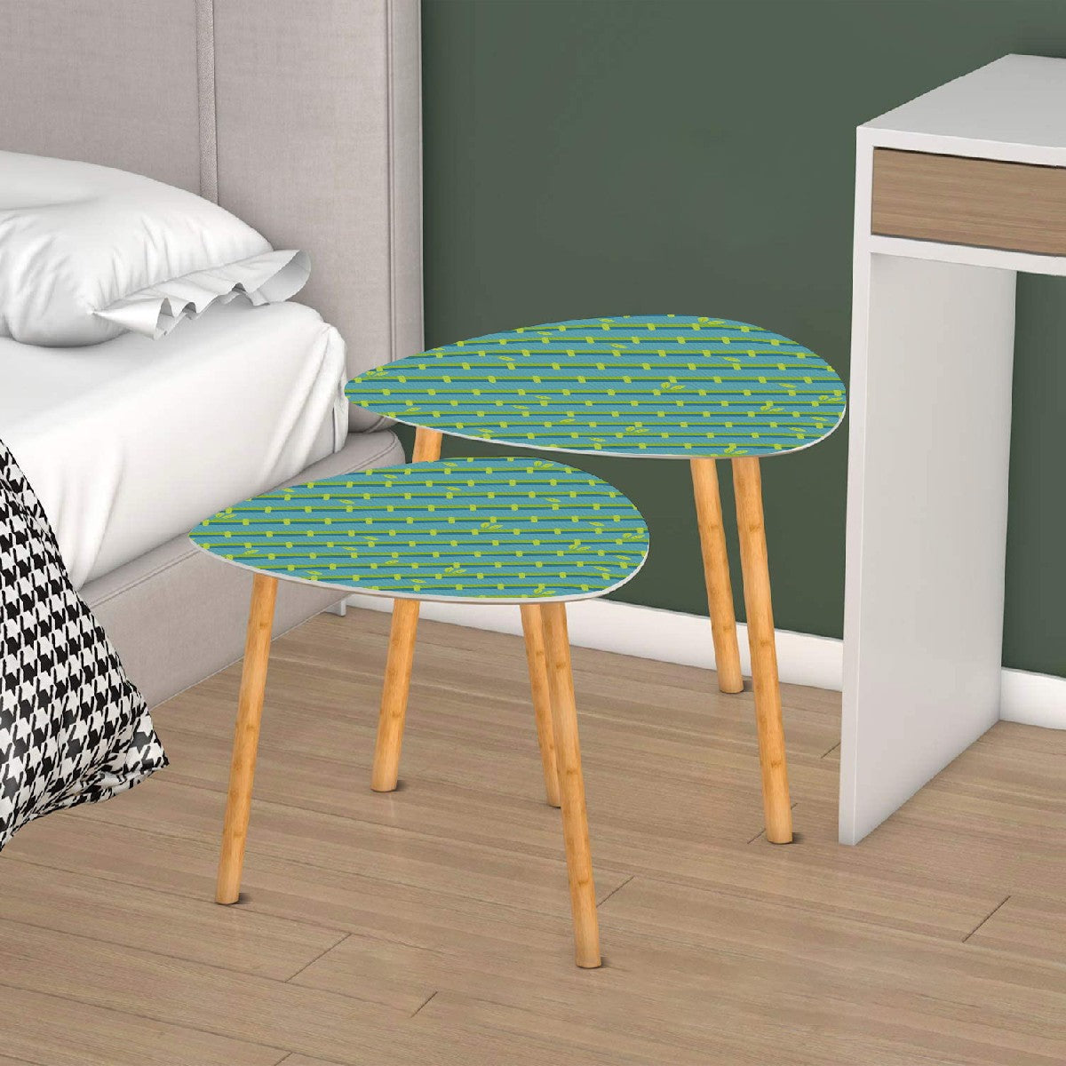 Bamboo Tree Designed Green Blue Zen Garden Nesting Triangle Coffee Table Set of 2 - One Size - Home Accessories