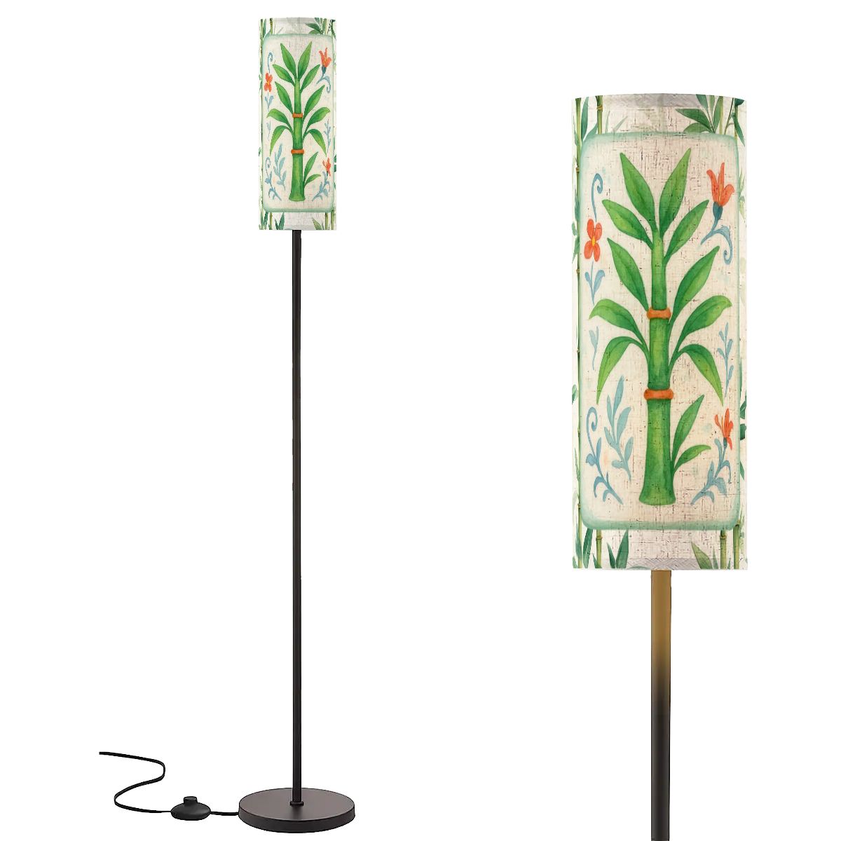 Bamboo Tree Mahjong Tile Green Orange Floral Reading Corner Floor Lamp - One Size - Floor Lamps