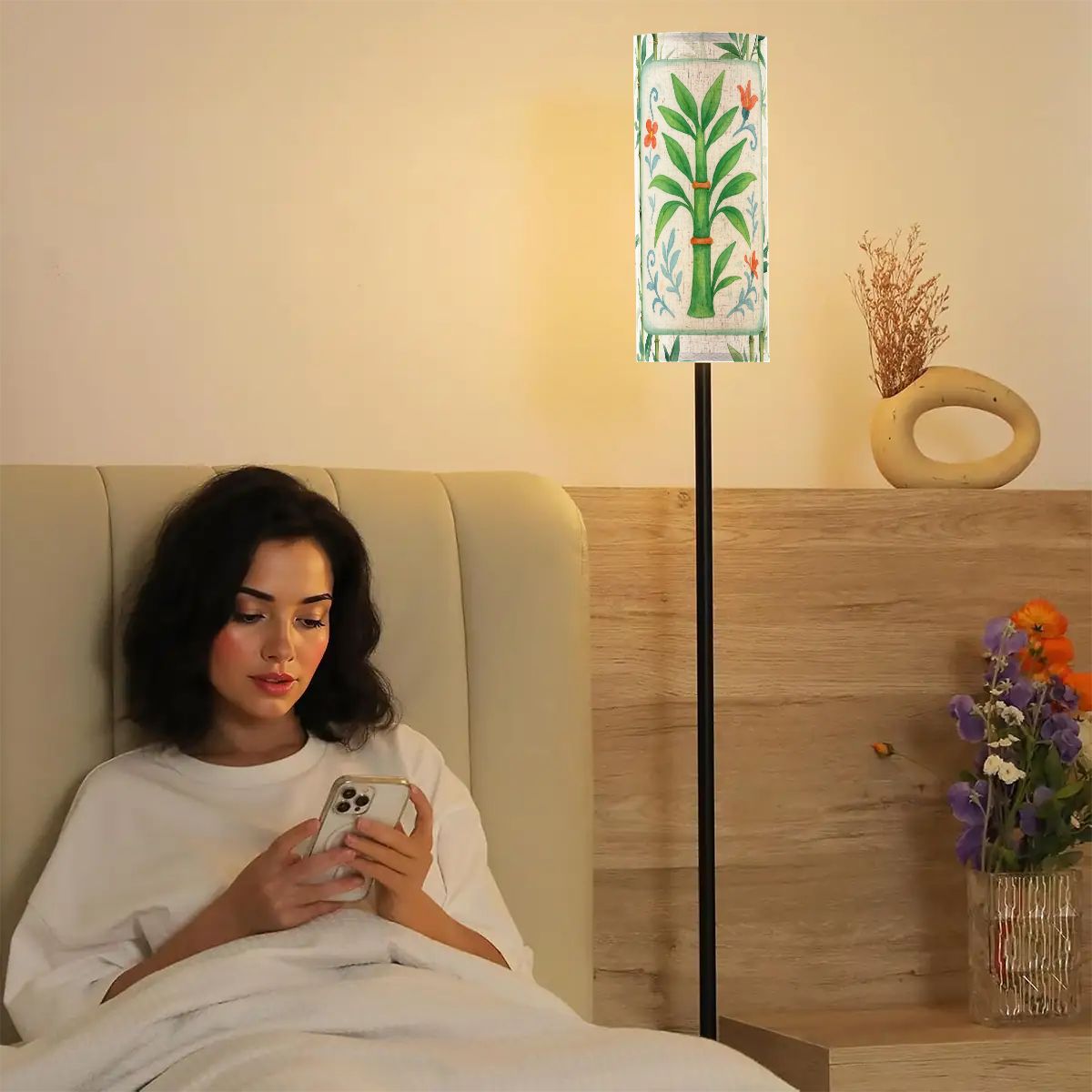 Bamboo Tree Mahjong Tile Green Orange Floral Reading Corner Floor Lamp - One Size - Floor Lamps