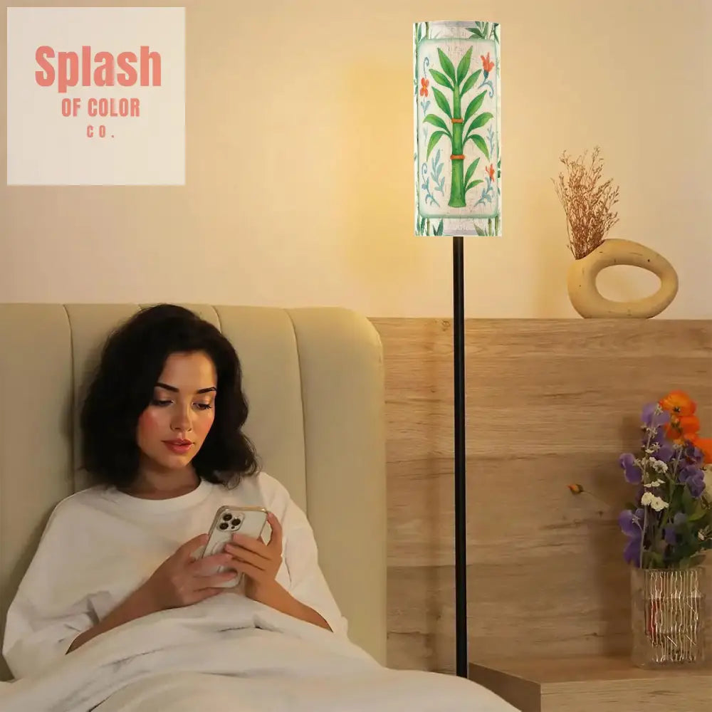 Bamboo Tree Mahjong Tile Green Orange Floral Reading Corner Floor Lamp - One Size - Floor Lamps