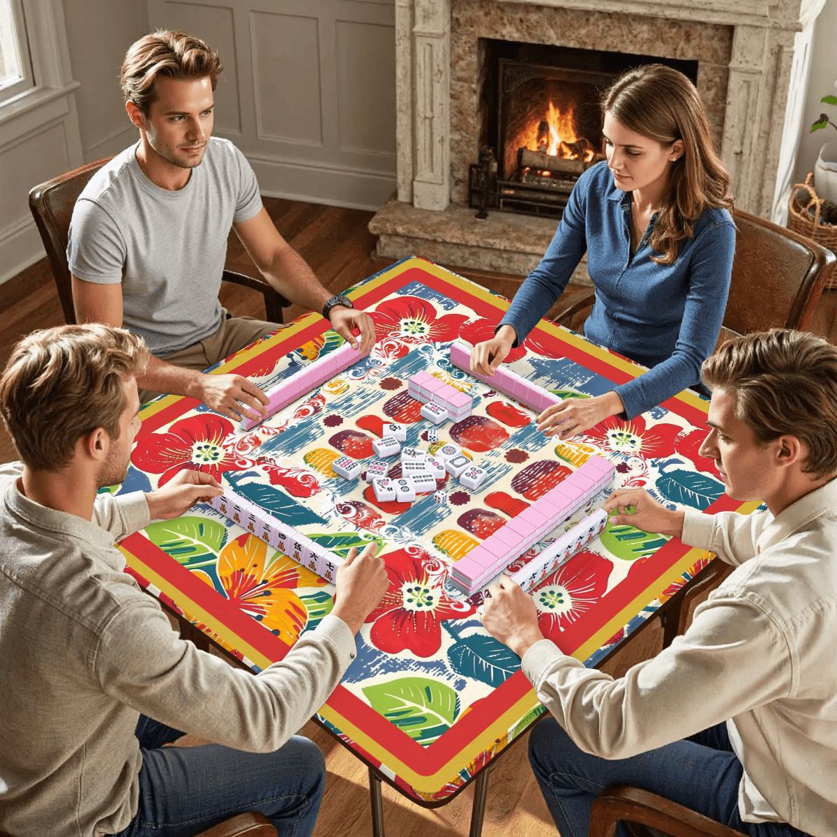 Mahjong Mat Floral Heritage Burst Of Color, Red, Teal Orange Green Tropical Mahj Mat