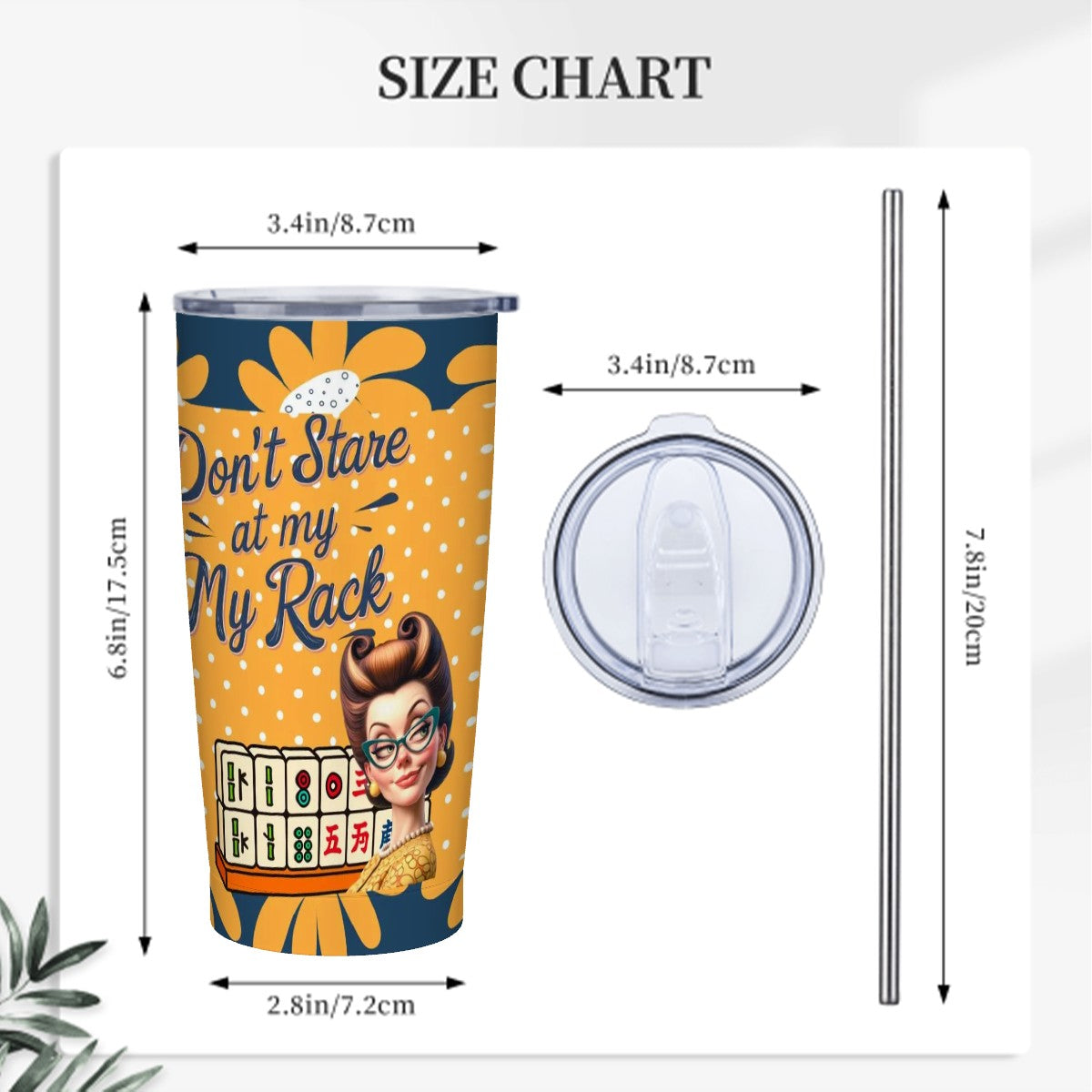 Funny Mahjong Cheeky Don't Stare At My Rack, Blue Yellow Floral Polka Dot Stainless Steel Insulated Tumblers with Lid & Straw