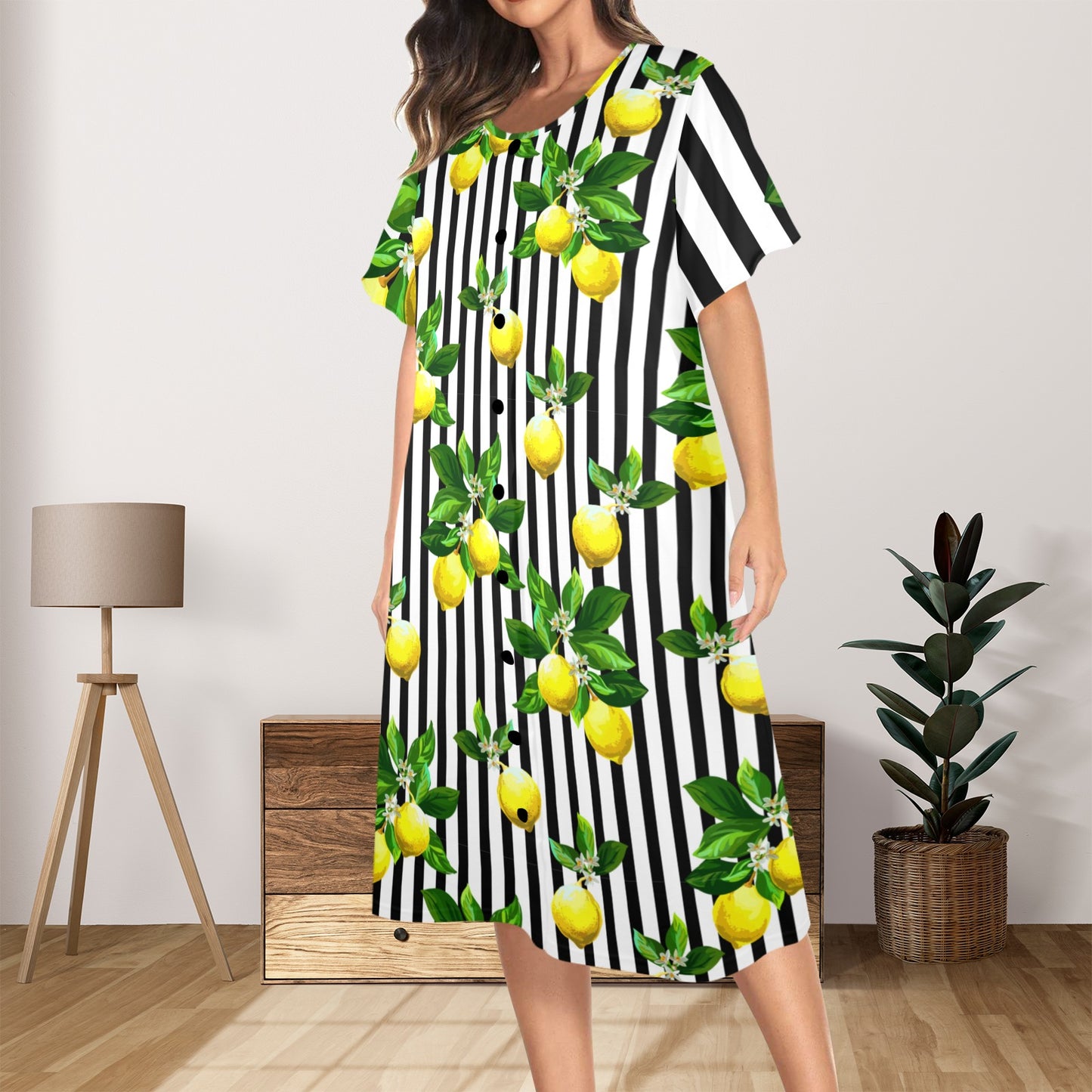 Zesty Lemon Black And White Striped Preppy Women's Muumuu Dress