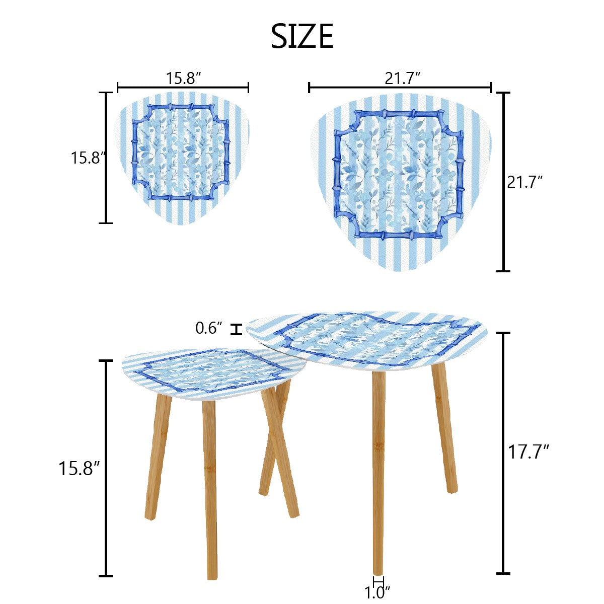 Blue And White Striped Floral Asian Bamboo Designed Modern Triangle Coffee Table Set of 2 - One Size - Home Accessories