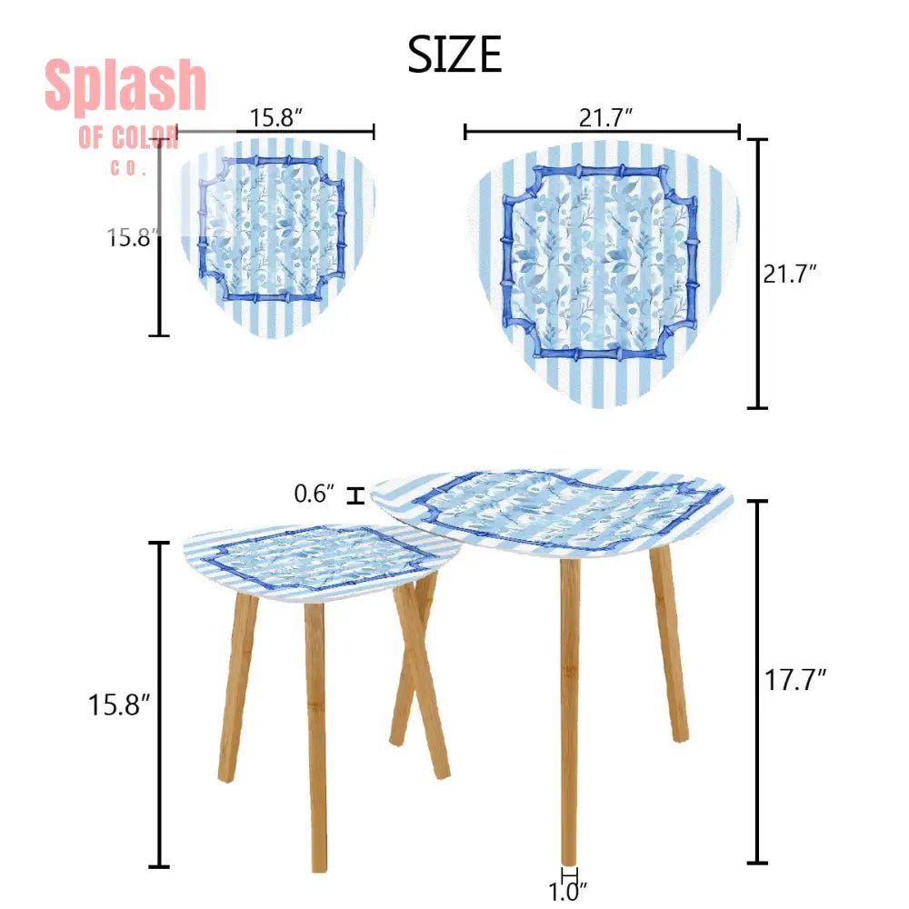 Blue And White Striped Floral Asian Bamboo Designed Modern Triangle Coffee Table Set of 2 - One Size - Home Accessories