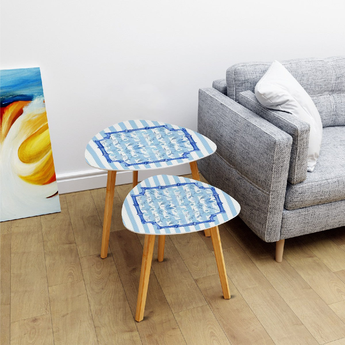 Blue And White Striped Floral Asian Bamboo Designed Modern Triangle Coffee Table Set of 2 - One Size - Home Accessories