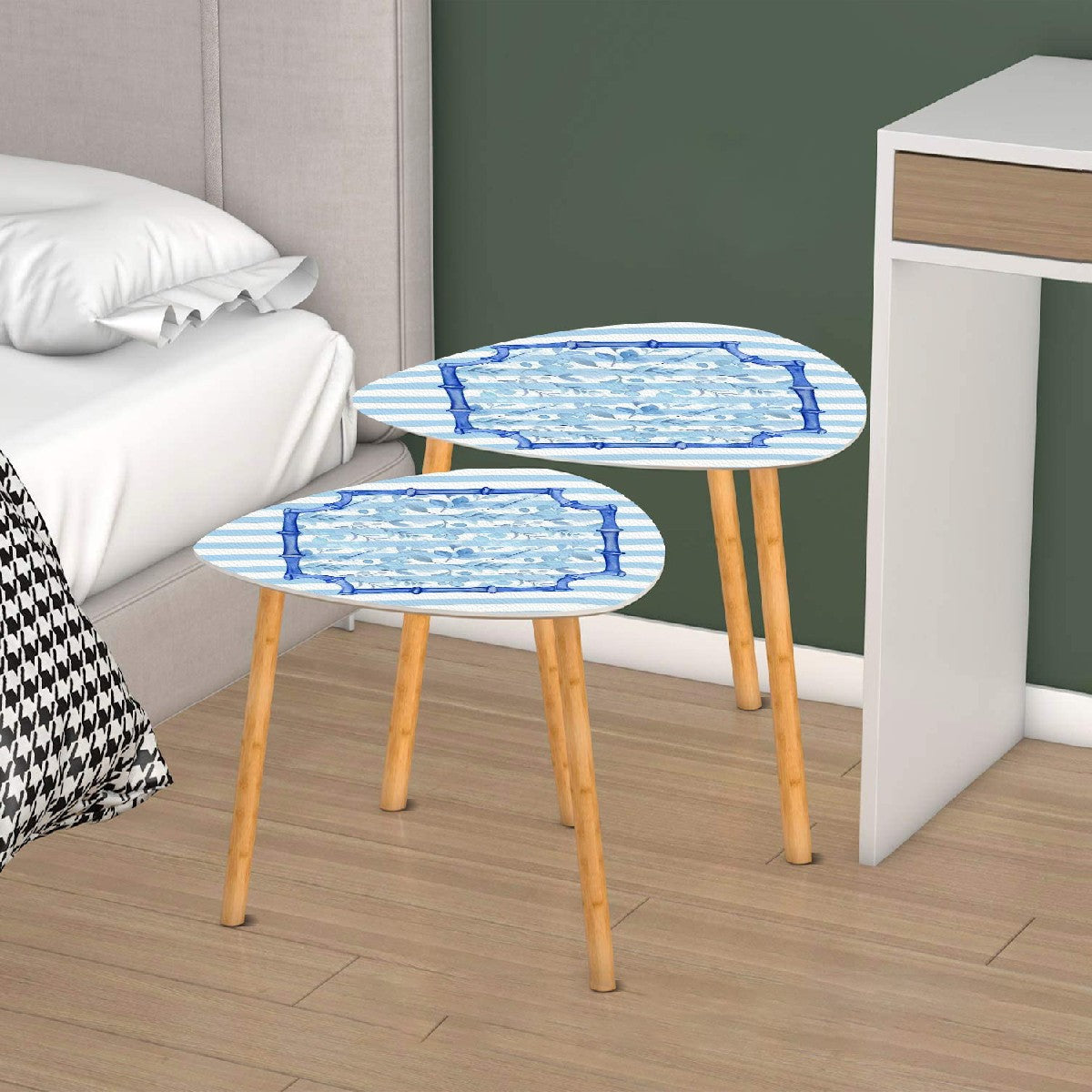 Blue And White Striped Floral Asian Bamboo Designed Modern Triangle Coffee Table Set of 2 - One Size - Home Accessories