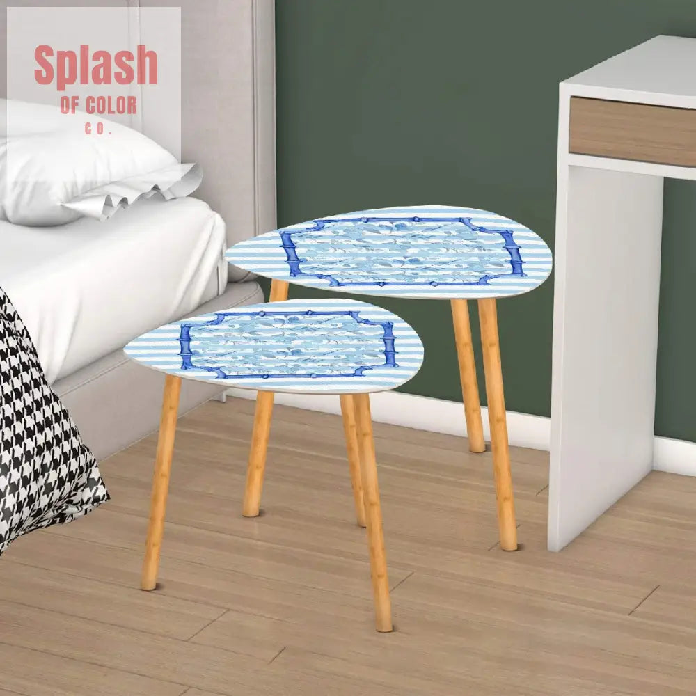 Blue And White Striped Floral Asian Bamboo Designed Modern Triangle Coffee Table Set of 2 - One Size - Home Accessories