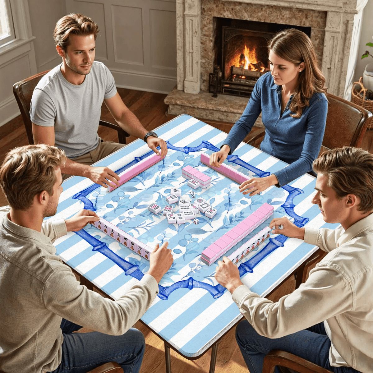 Blue And White Striped Preppy Floral Asian Chinoiserie Flower Border Mahjong Mat - 31.5’’x31.5’’ - Daily Accessories