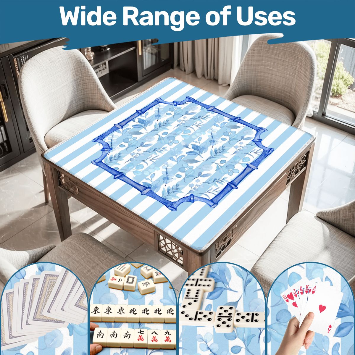 Blue And White Striped Preppy Floral Asian Chinoiserie Flower Border Mahjong Mat - 31.5’’x31.5’’ - Daily Accessories