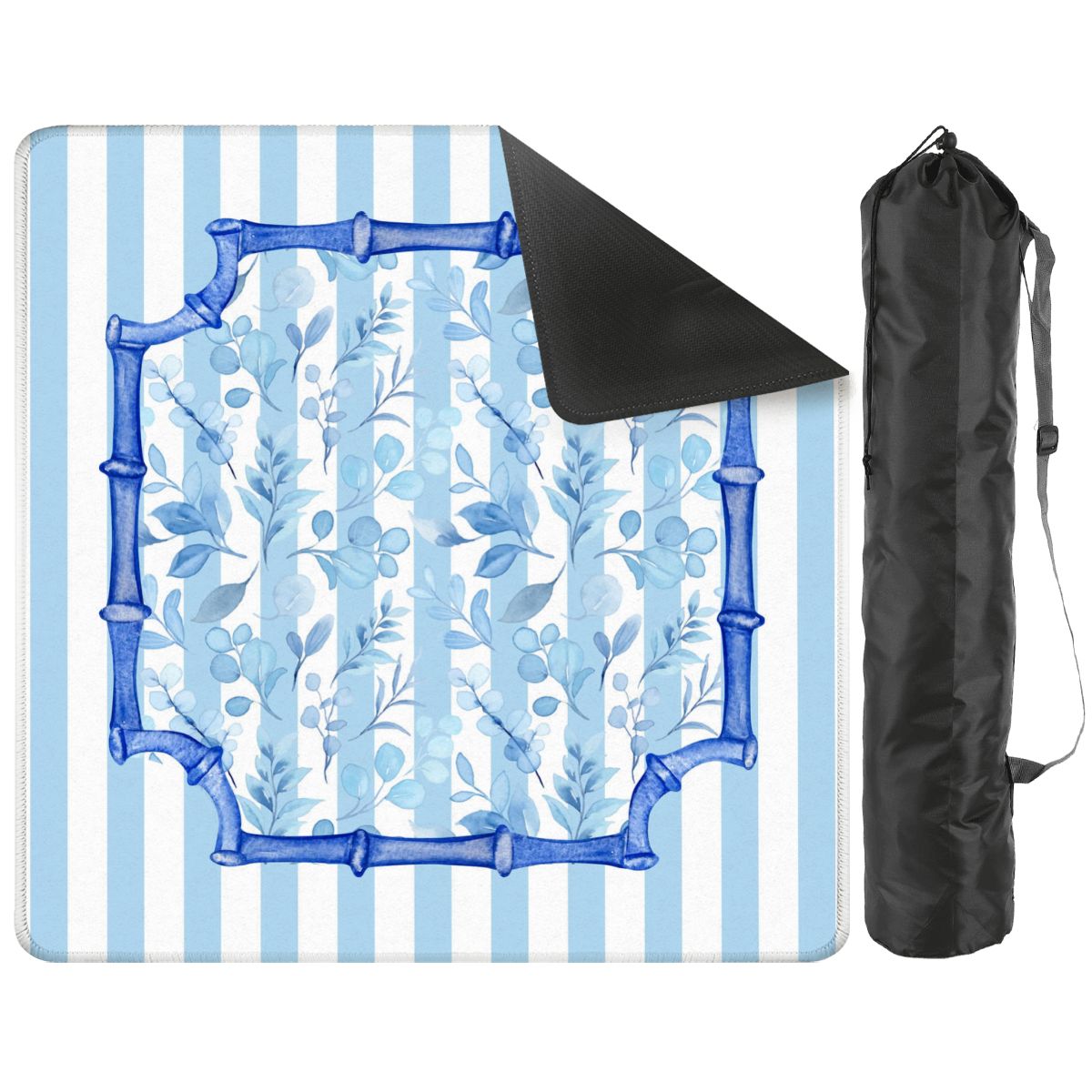 Blue And White Striped Preppy Floral Asian Chinoiserie Flower Border Mahjong Mat - 31.5’’x31.5’’ - Daily Accessories