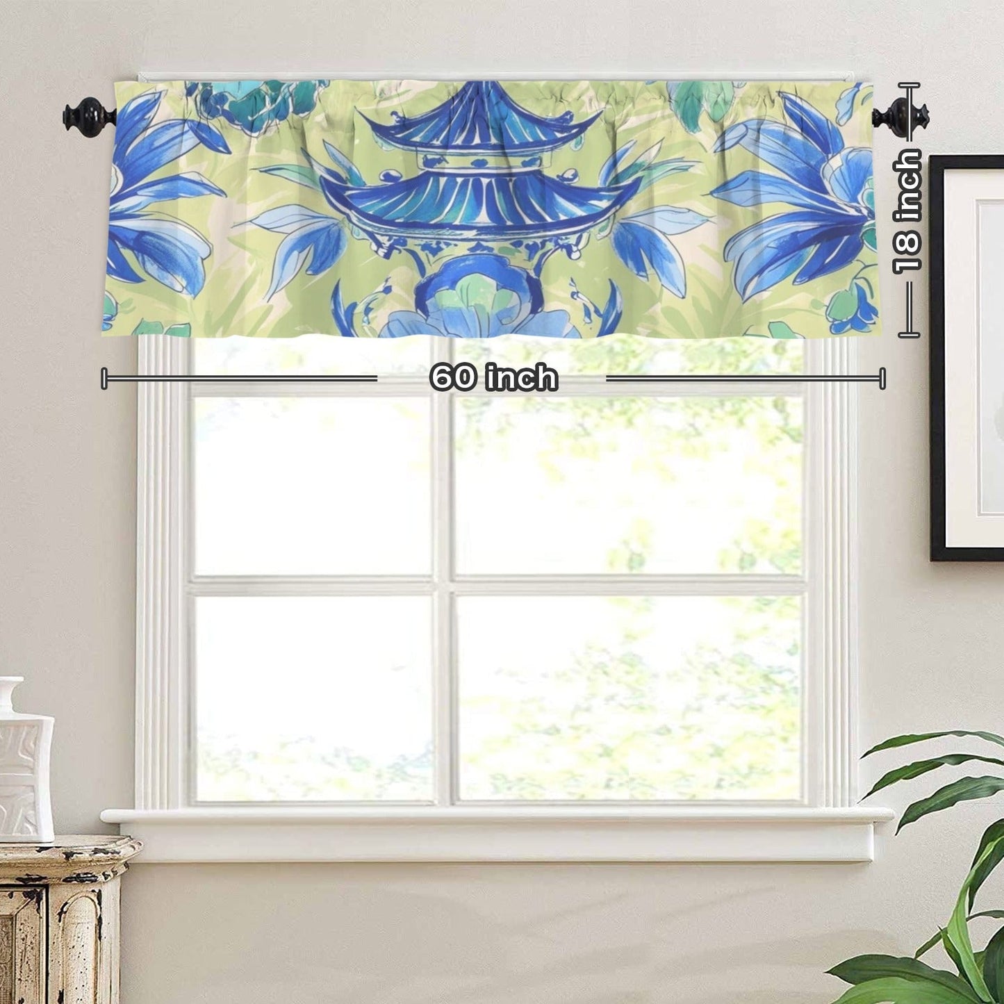 Blue Green Asian Pagoda Floral Cafe Kitchen Valance - One Size - Curtains