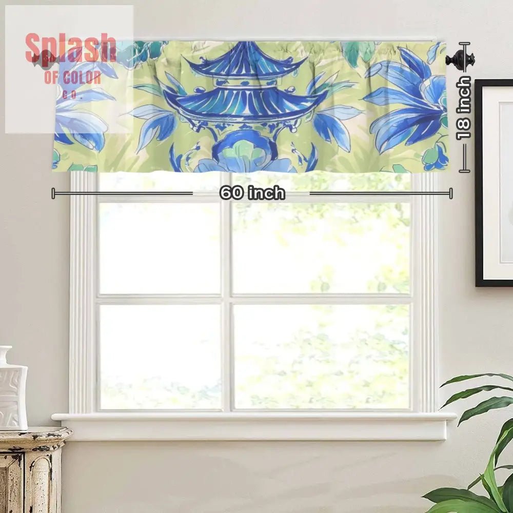 Blue Green Asian Pagoda Floral Cafe Kitchen Valance - One Size - Curtains
