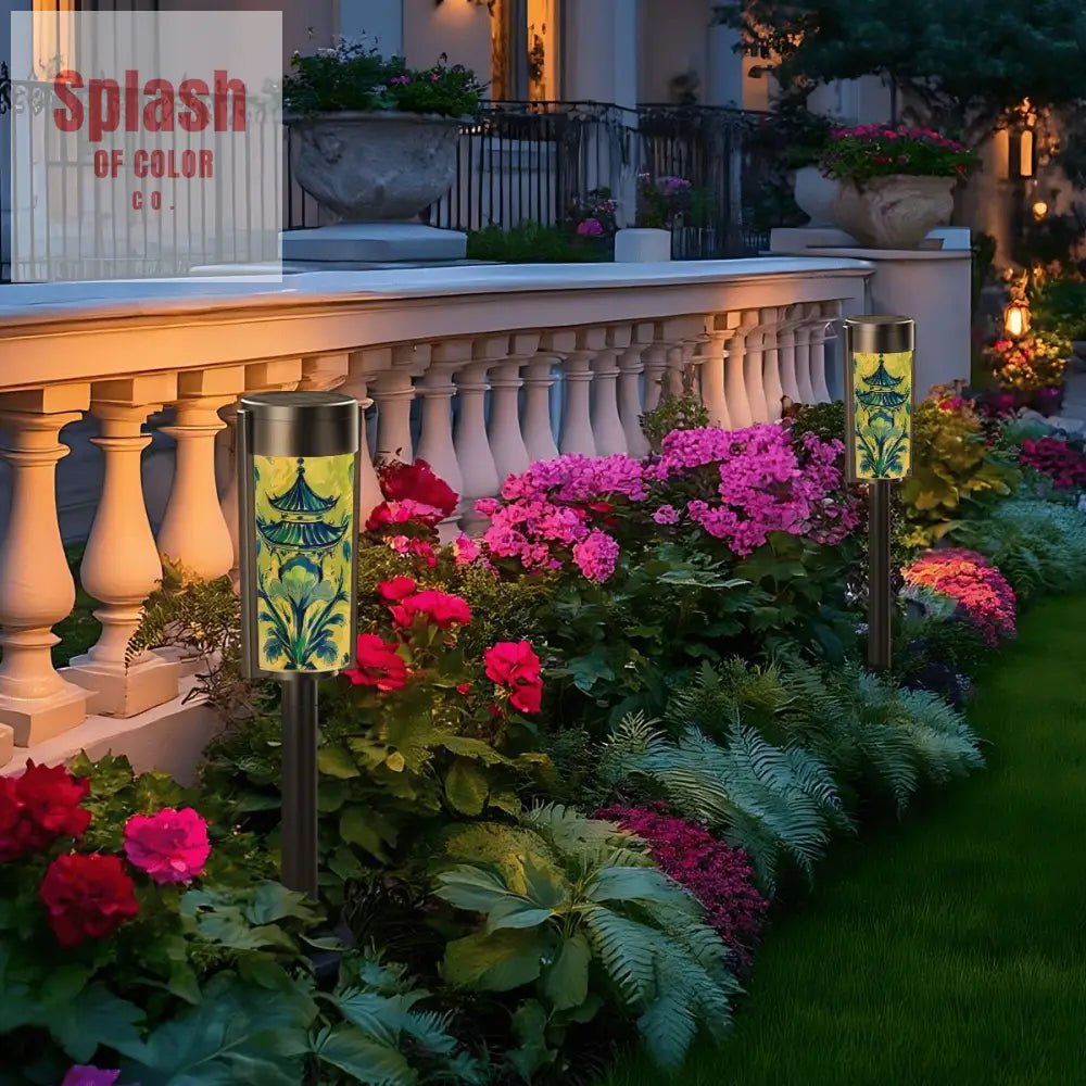 Blue Green Asian Pagoda Zen Garden Outdoor Solar Lights - 4pcs - Garden Decor