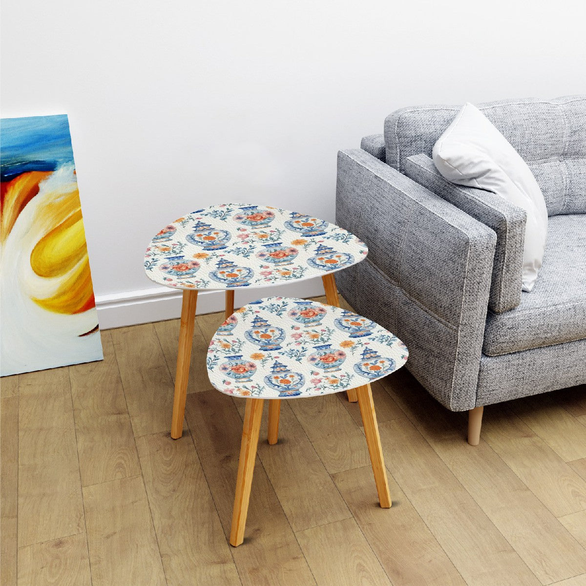 Blue White Orange Floral Asian Chinoiserie Nesting Triangle Coffee Table Set of 2 - One Size - Home Accessories