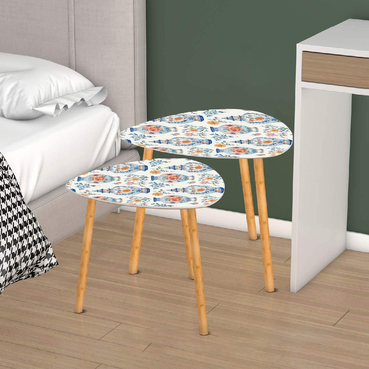 Blue White Orange Floral Asian Chinoiserie Nesting Triangle Coffee Table Set of 2 - One Size - Home Accessories