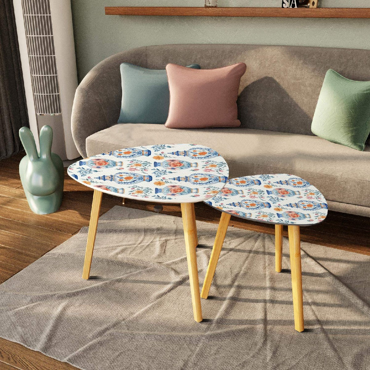 Blue White Orange Floral Asian Chinoiserie Nesting Triangle Coffee Table Set of 2 - One Size - Home Accessories