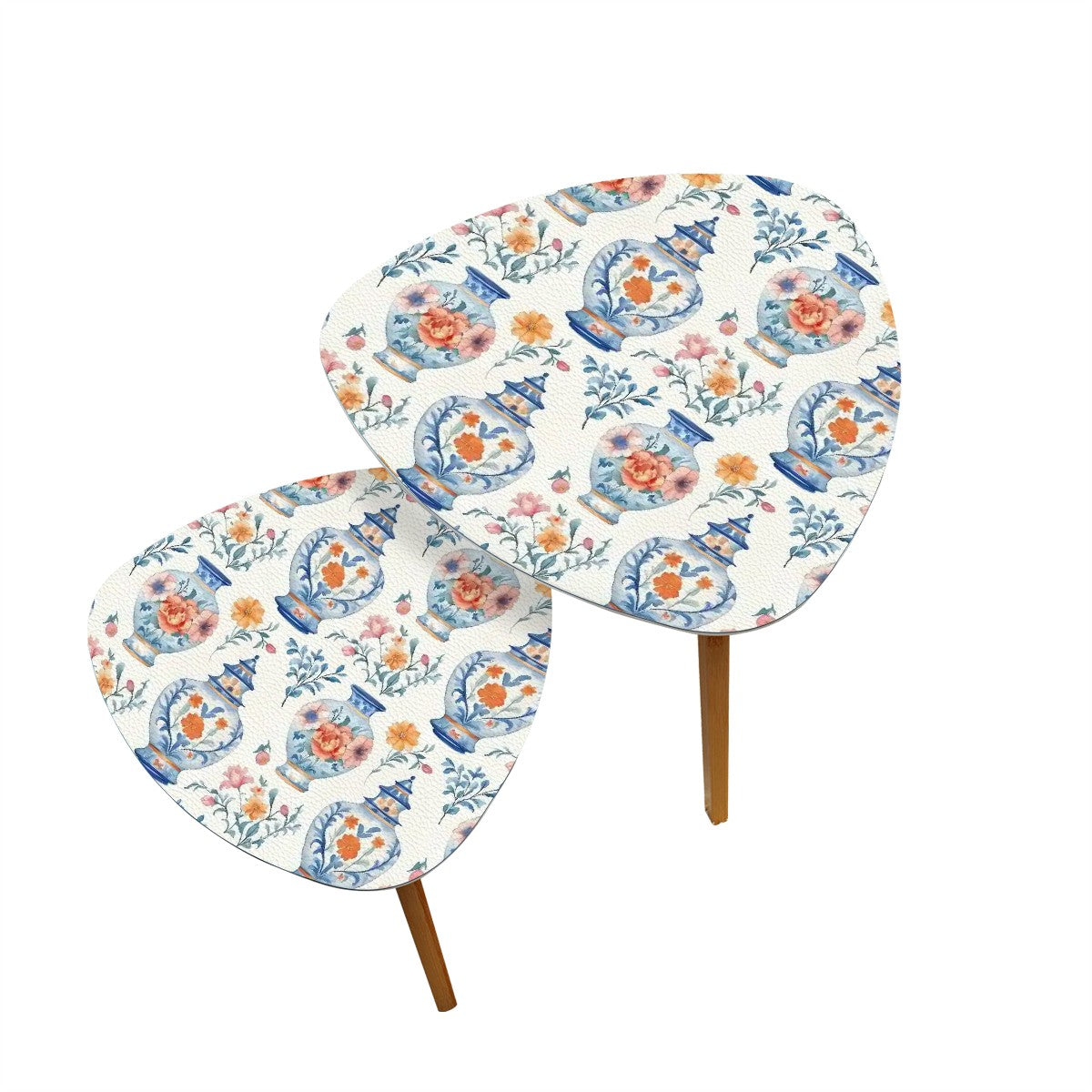 Blue White Orange Floral Asian Chinoiserie Nesting Triangle Coffee Table Set of 2 - One Size - Home Accessories