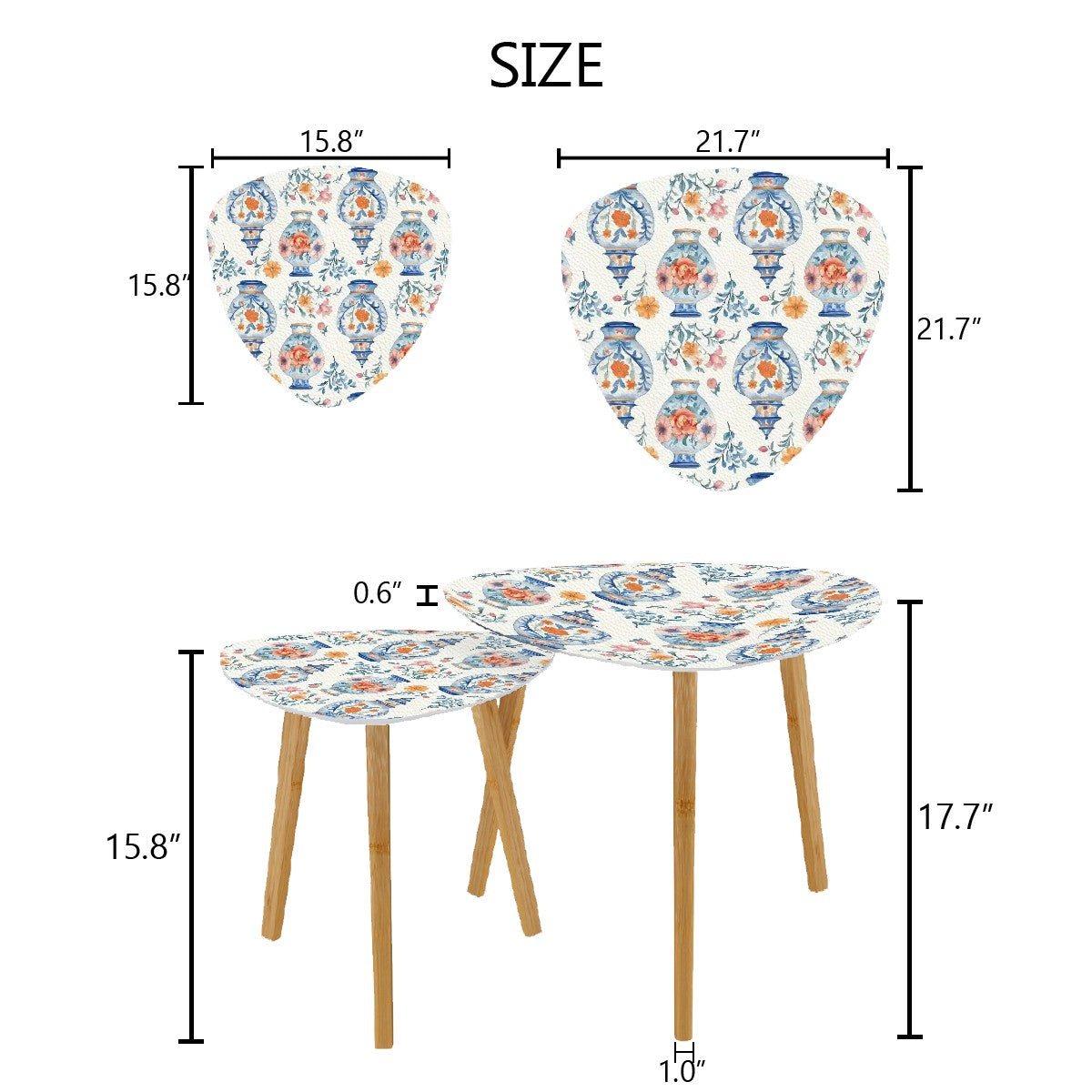 Blue White Orange Floral Asian Chinoiserie Nesting Triangle Coffee Table Set of 2 - One Size - Home Accessories
