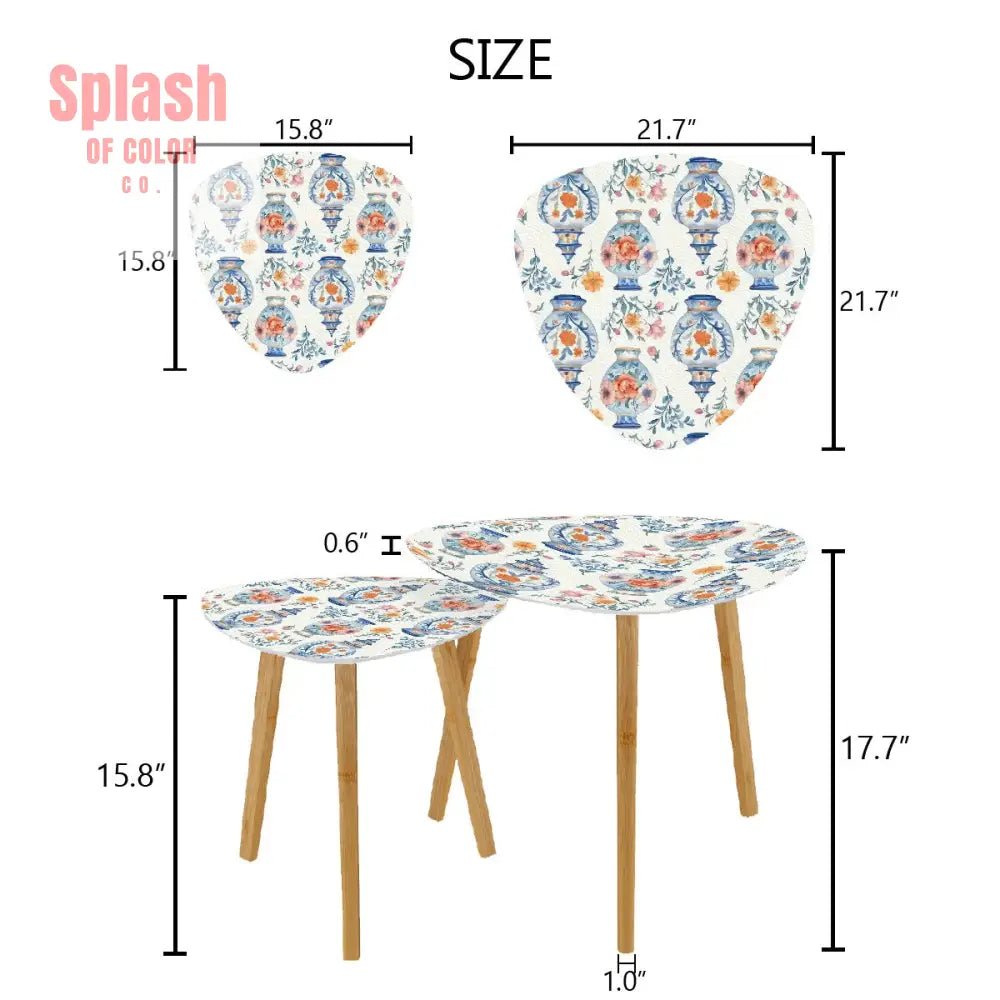 Blue White Orange Floral Asian Chinoiserie Nesting Triangle Coffee Table Set of 2 - One Size - Home Accessories