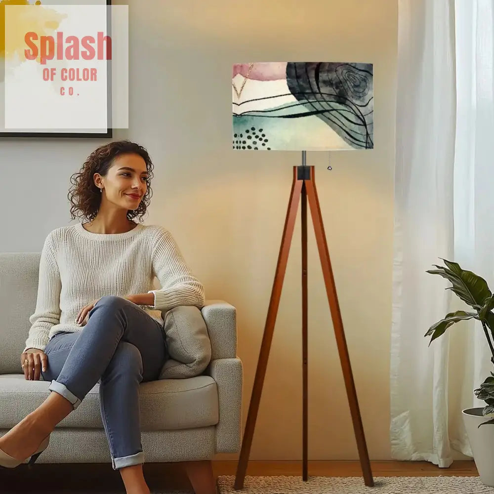 Bohemain Watercolor Blue Blush Abstract Modern Tripod Floor Lamp 17.5’’x59.4’’ Floor Lamps