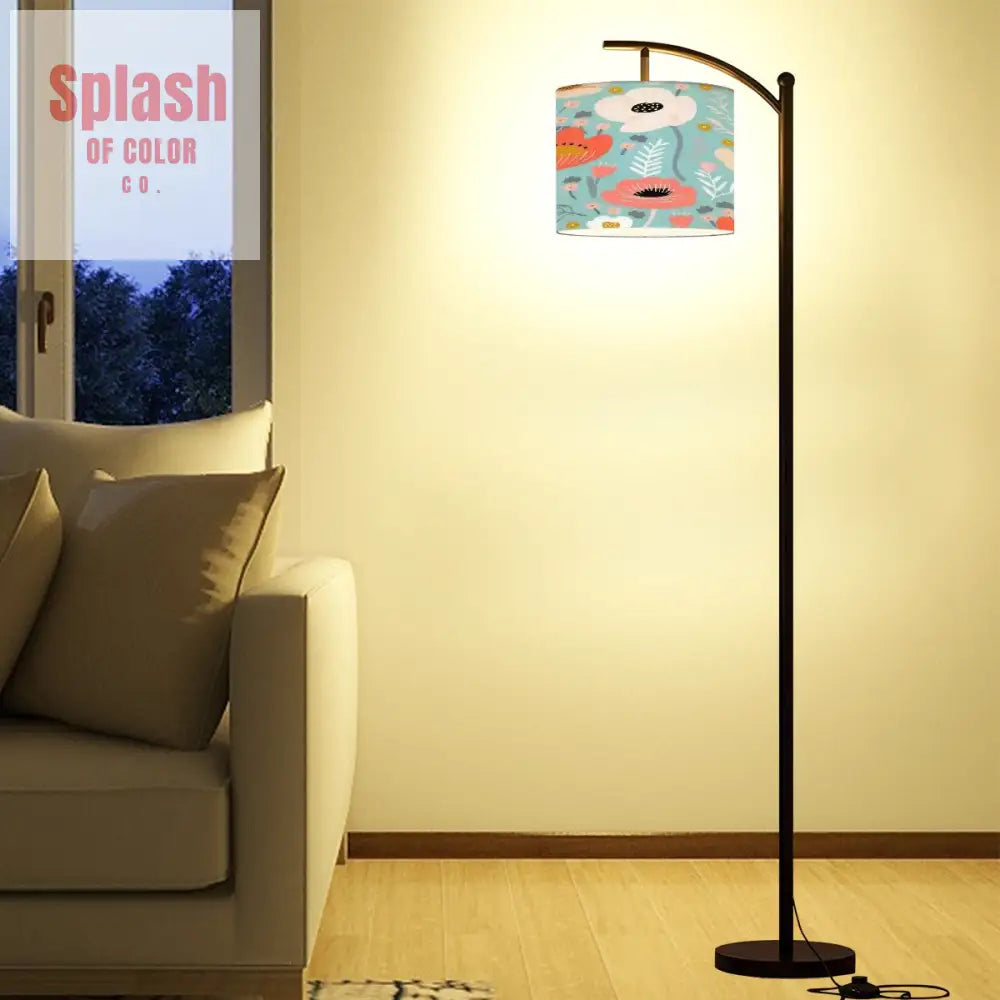 Bohemian Flower Shade Blue White Orange Poppy Flower Arc Floor Lamp - One Size - Floor Lamps