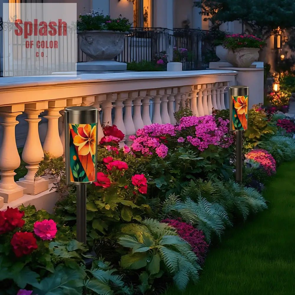 Bohemian Modern Flower Orange Teal Yellow Outdoor Garden Solar Lights - 4pcs - Garden Decor