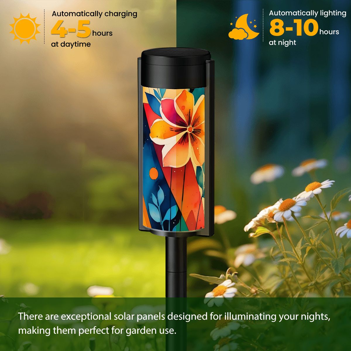 Bohemian Modern Flower Orange Teal Yellow Outdoor Garden Solar Lights - 4pcs - Garden Decor