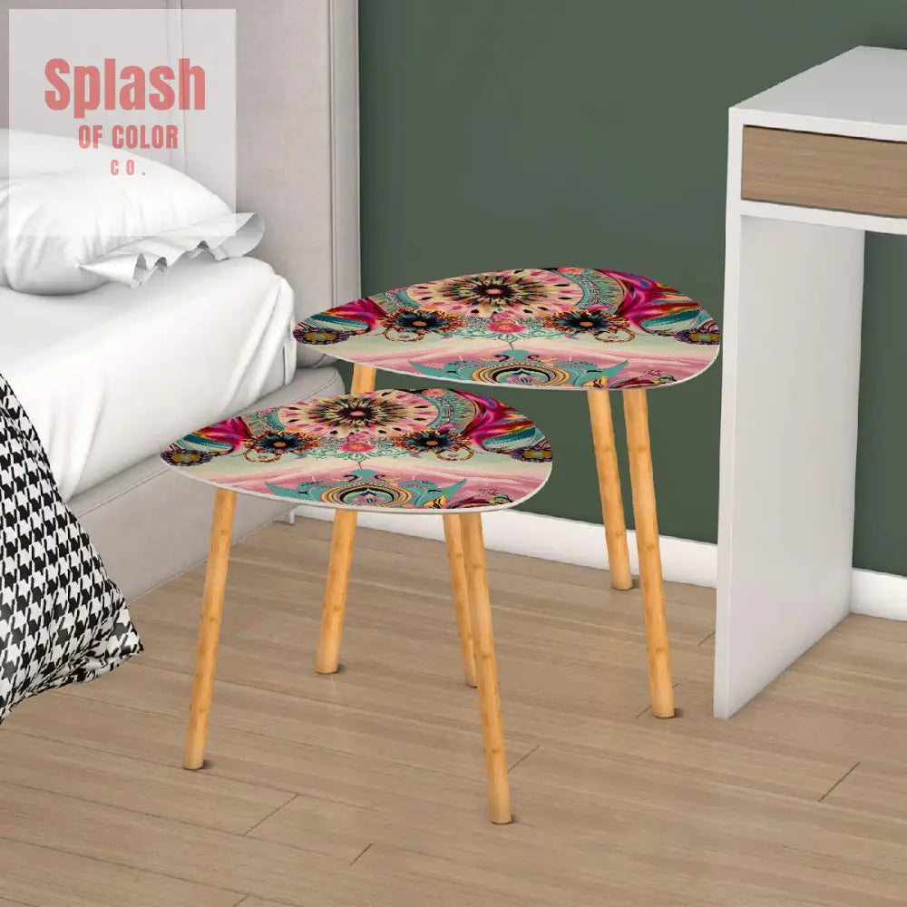 Bohemian Watercolor Bejeweled Tones Fusia Pink Blue Boho Nesting Tables One Size Home Accessories